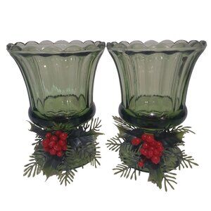 Vintage Avocado Green Glass Candle Holders Christmas Set of 2 Holiday Home Decor